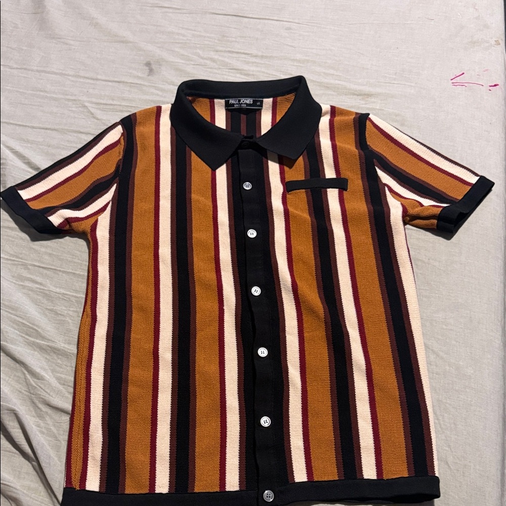 Men's Striped Button Down Shirt - Black, Brown, and Tan